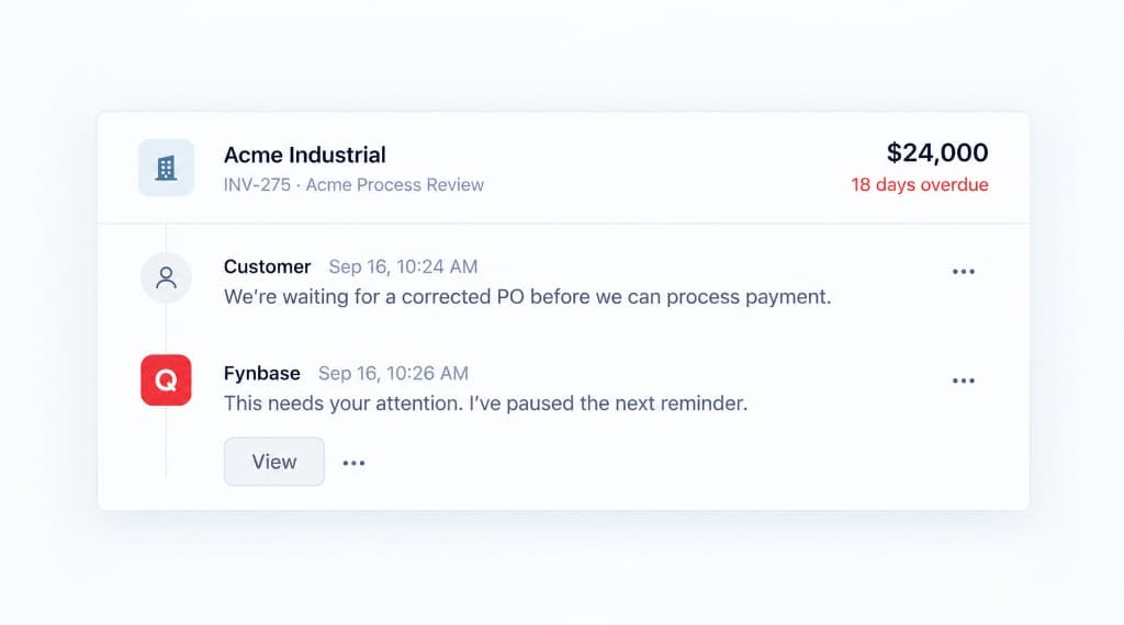 Fynbase flags an overdue invoice and pauses reminders
